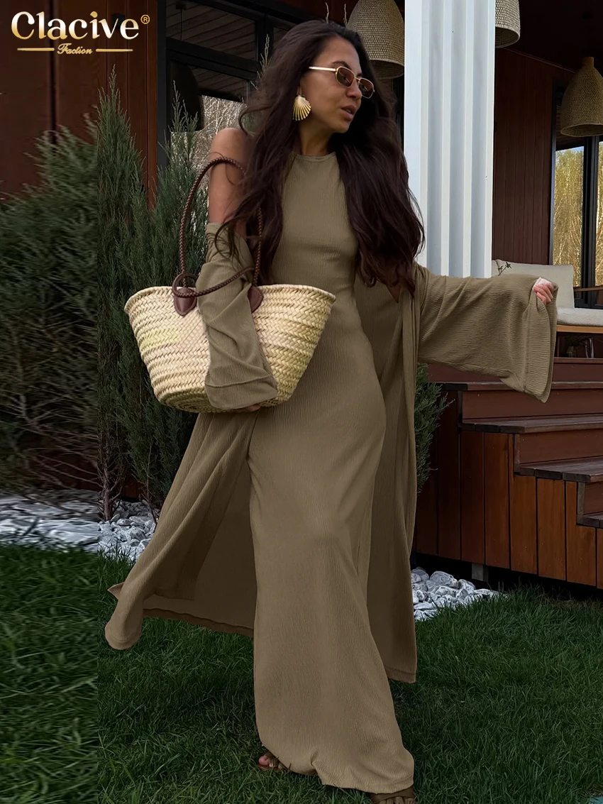 Clacive moda solta vestido brwon conjunto 2 peça mulher 2025 elegante manga longa roupões com sem mangas maxi vestidos conjunto feminino