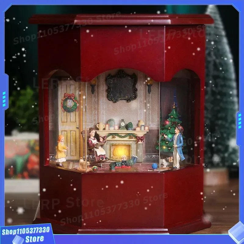 Wooden Christmas Music Box With Luminous Turntable Warm Transparent Glass Ornament Collectible Gift For Holiday Decoration