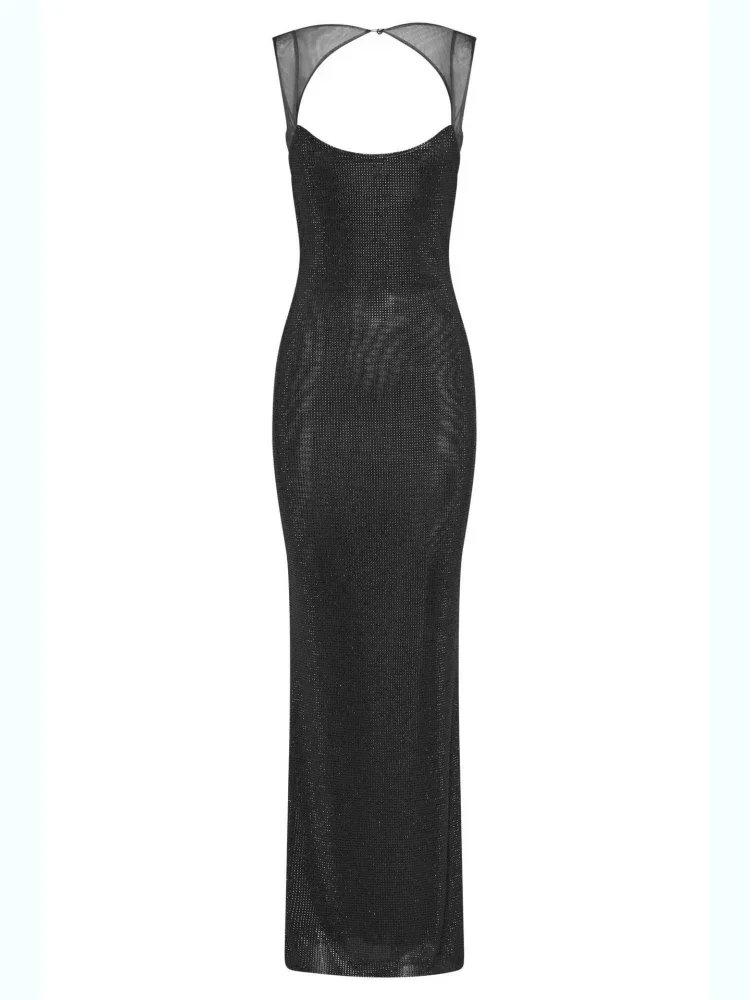 Sexy vierkante kraag mesh patchwork diamanten lange jurk vrouwen backless glanzende strass slanke jurken avondfeest cocktailjurken