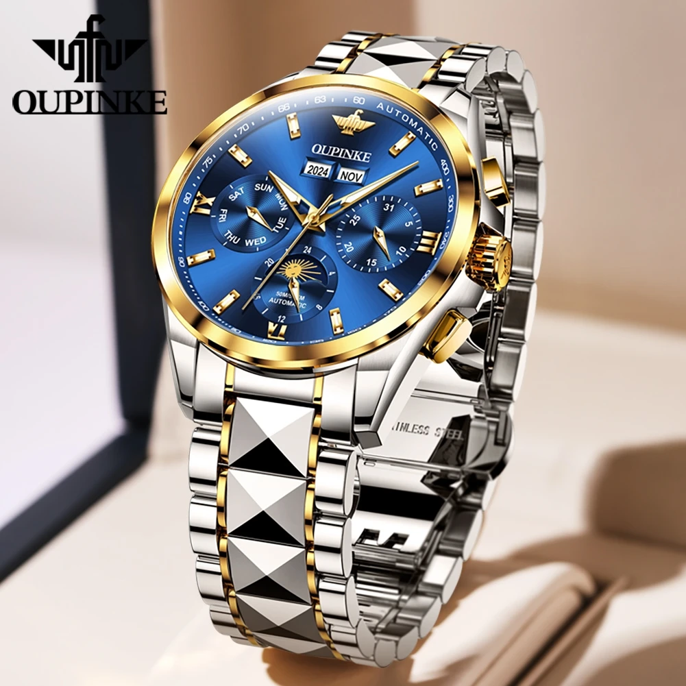 OUPINKE 3201 Men's Watches Tungsten Steel Moon Phase Automatic Mechanical Watch for Men Top Luxury Business Man Dress Wristwatch