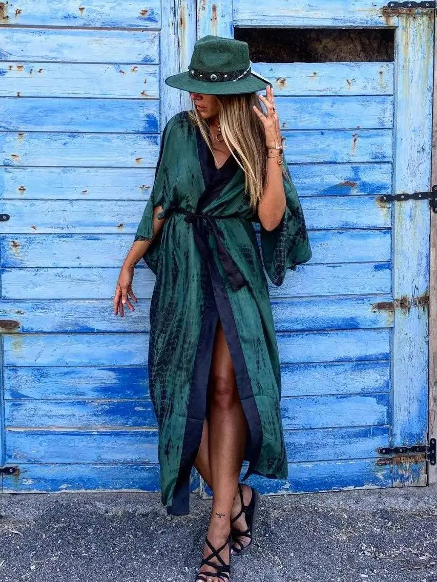 2024 Bohemian Tie Dye Striped Long Tunic Sexy Kimono Dress Summer Women Beach Wear Casual Elegant Vintage Maxi Dresses A1482