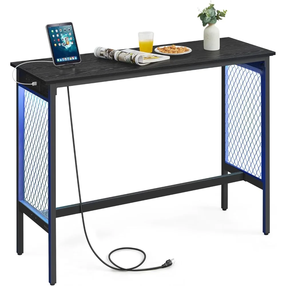 

Bar Table with Power Outlets, 47.2 Inches LED Lights Narrow Tall Pub Table, Counter Height Console Desk, Mesh Panels and Metal
