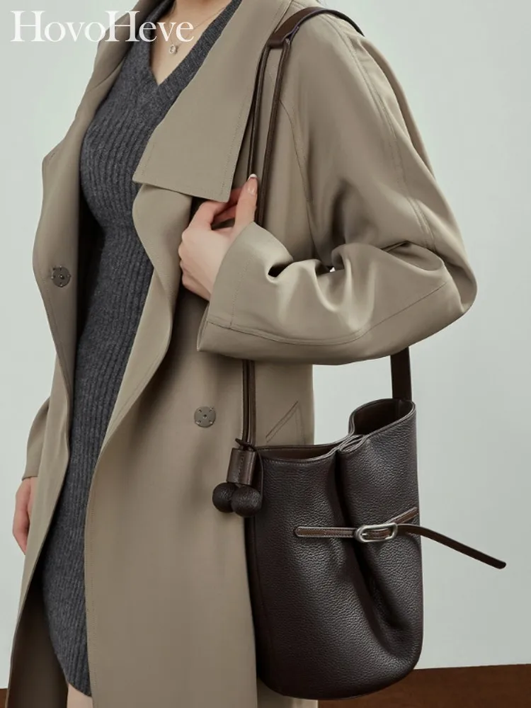 

Women Casual Buckle Cowhide Genuine Leather Totes Bucket Bag Shoulder Bag Handbag Ladies Designer Softshell Strap Crossbody Bags