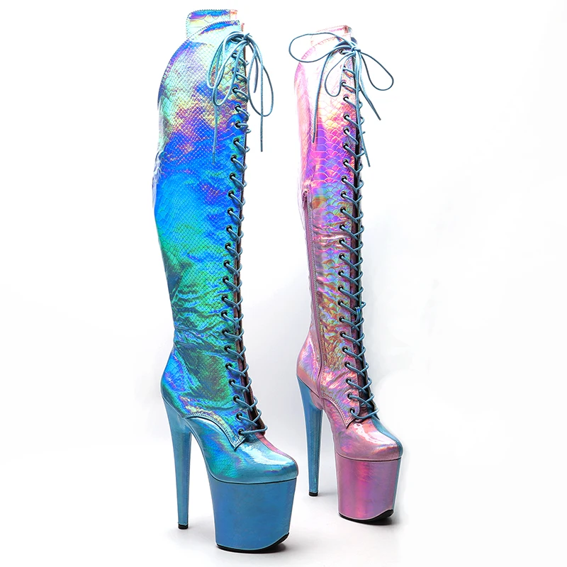 

Leecabe Holo Pink with Blue 20CM/8inch Pole dancing High Heel platform Boots with lace and zipper