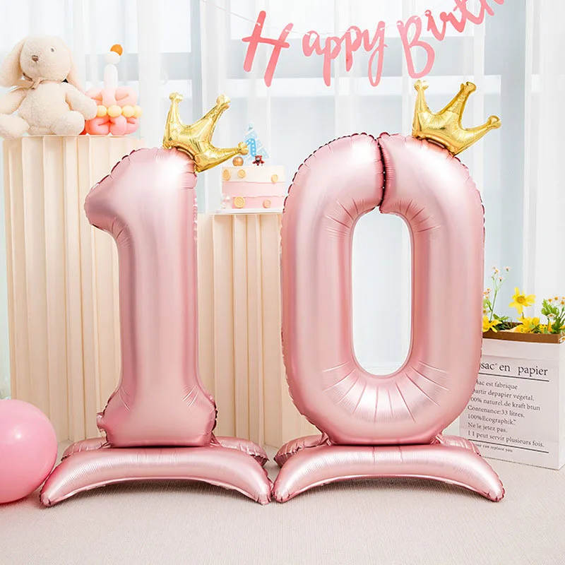 32-calowy stojący cyfrowy balon aluminiowy z koroną Niebieski różowy stojący cyfrowy balon Dekoracja urodzinowa
