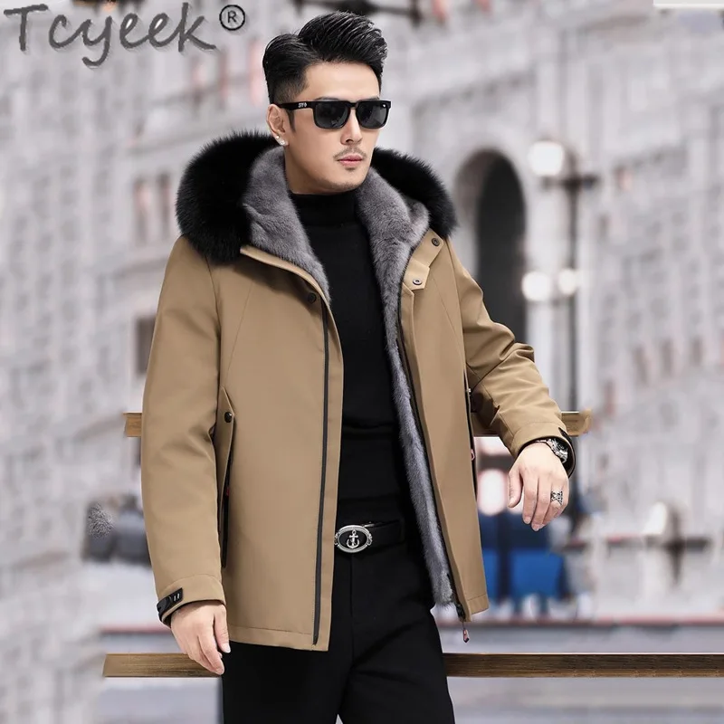 Tcyeek casaco de pele de vison natural roupas masculinas jaquetas de inverno meados de comprimento parka quente casacos de pele real homem gola de pele de raposa casaco masculino