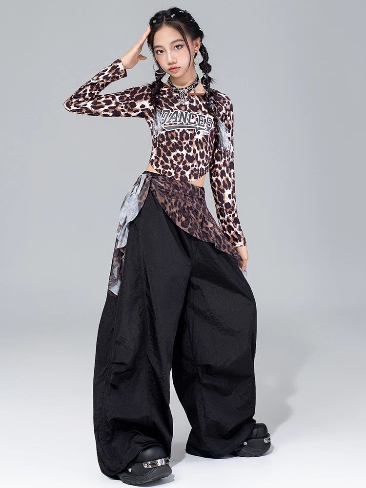 Costume da ballo jazz per ragazze Spettacolo scolastico per bambini Abbigliamento da spettacolo Stampa leopardata Crop Top Pantaloni Shuffle Kpop Outfit Streetwear 4572