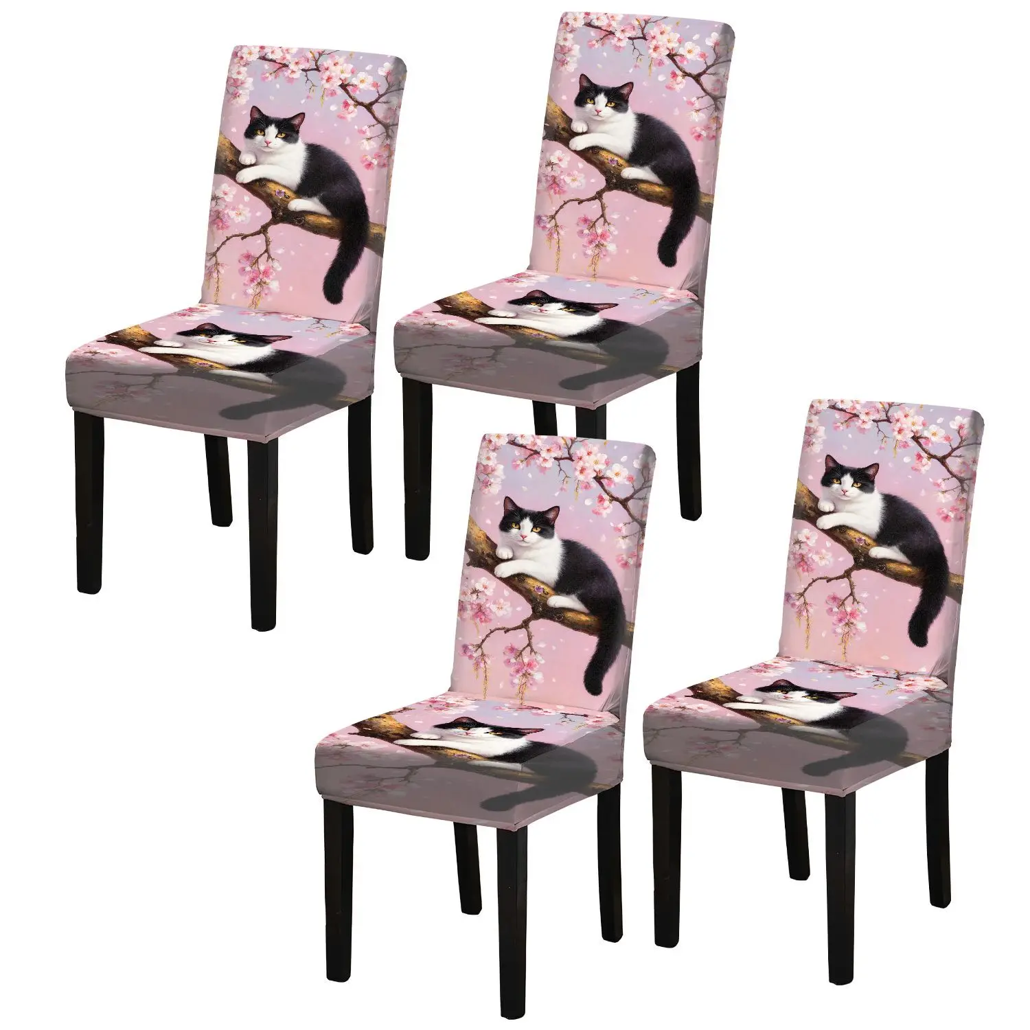 Elastic dining chair cover Elegant black and white cat dancing with cherry blossoms Removable, washable, home dining chair cover