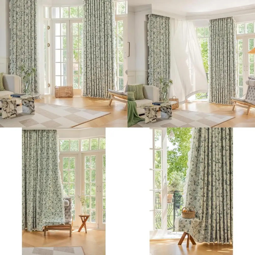Epinki Curtains Blackout, Chenille Light Green Flower Printed with Ruffle Curtain with Grommets 40 x 96 Inches, 2 Panels