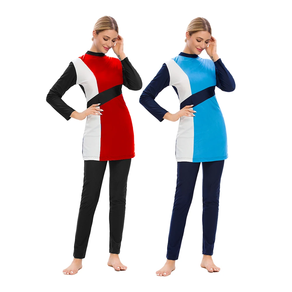 Burkini Muslim Women Swimsuit, Slim Fit, Monochromatic, Patchwork, Swimwear with Cap, High Quality, S-3XL, 3Pcs