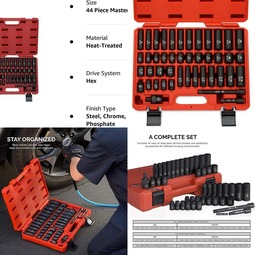 

02440A Набор ударных головок с приводом 3/8 дюйма, размеры SAE от 5/16 до 3/4 дюйма и метрических размеров от 8 мм до 19 мм, включает удлинители и U-J