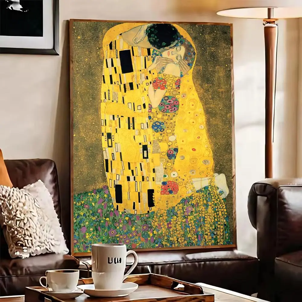 قبلة جي غوستاف كليمتس اللوحة الخط فرملس قماش ملصق جدار الفن مثالية للمطبخ الحمام ديكور المنزل