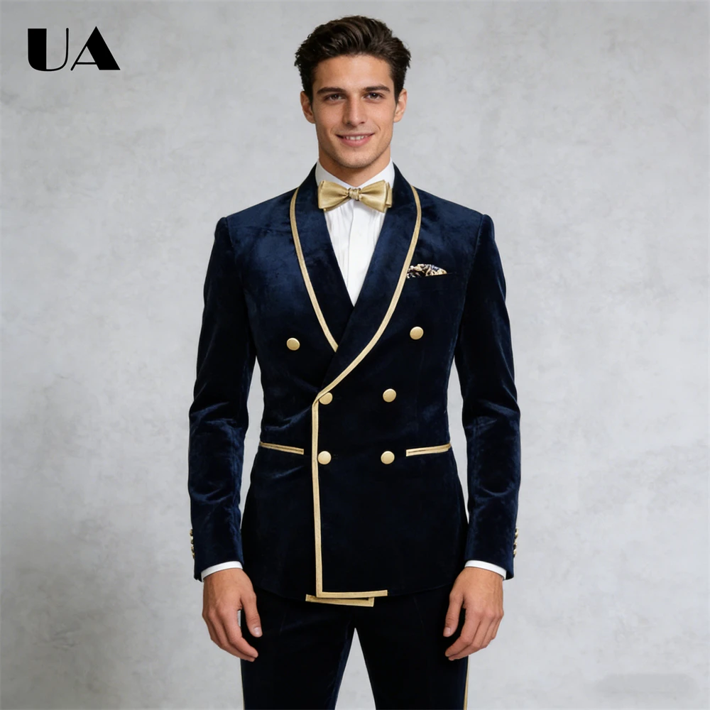 

Men's Formal 2-Piece Suit Set, Velvet Double Breasted Suit Jacket Pants Set, Evening Party Suit Attire Prom Dresswear