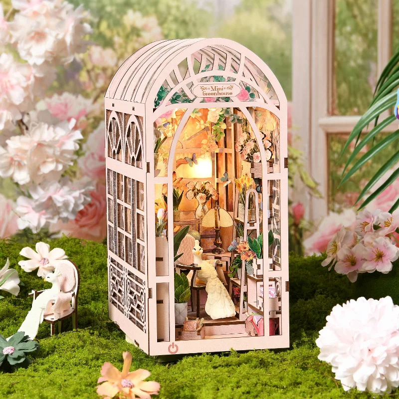 DIY ห้องโดยสารมินิเรือนกระจกดอกไม้ตกแต่งขาตั้งประกอบด้วยบล็อกไม้บ้านตุ๊กตาของเล่นของขวัญ