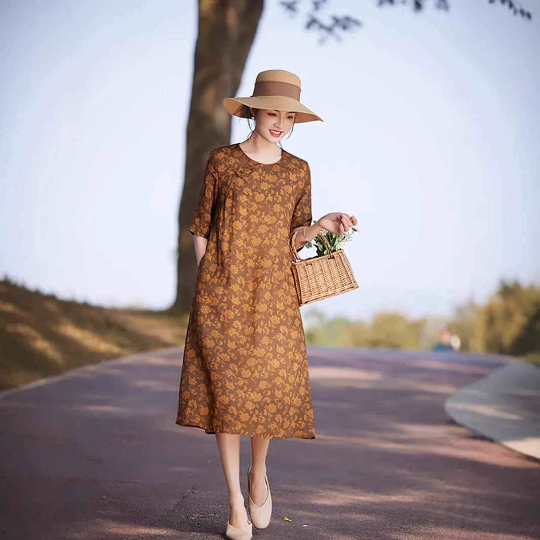 

Ramie dress five-quarter sleeve stand-up collar disc buckle printing improved cheongsam medium and long dress fashionable and ca