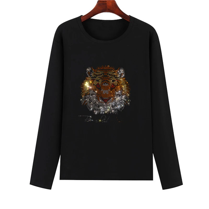 New autumn long-sleeved T-shirt Diamond Tiger head printed T-shirt Women's all-cotton T-shirt basic T-shirt oversized T-shirt 5X