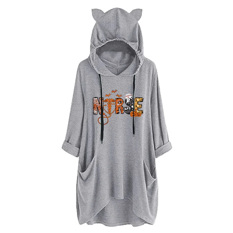 Sweat à capuche en coton UC Nurse pour femme, imprimé alphabet Aliments, oreilles de chat mignonnes, poche, mode ew, automne, hiver, 107