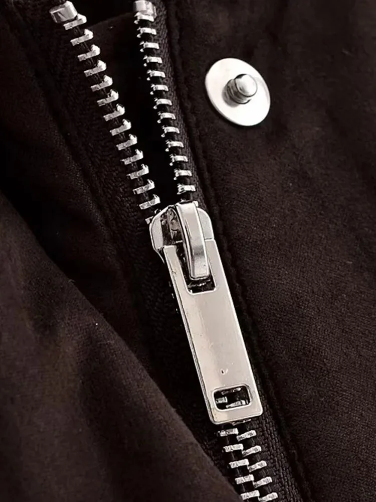 سترة نسائية موضة خريف 2025 عتيقة من جلد الغزال بأكمام طويلة وجيوب معاطف نسائية ضيقة بسحاب عالي الشارع #5