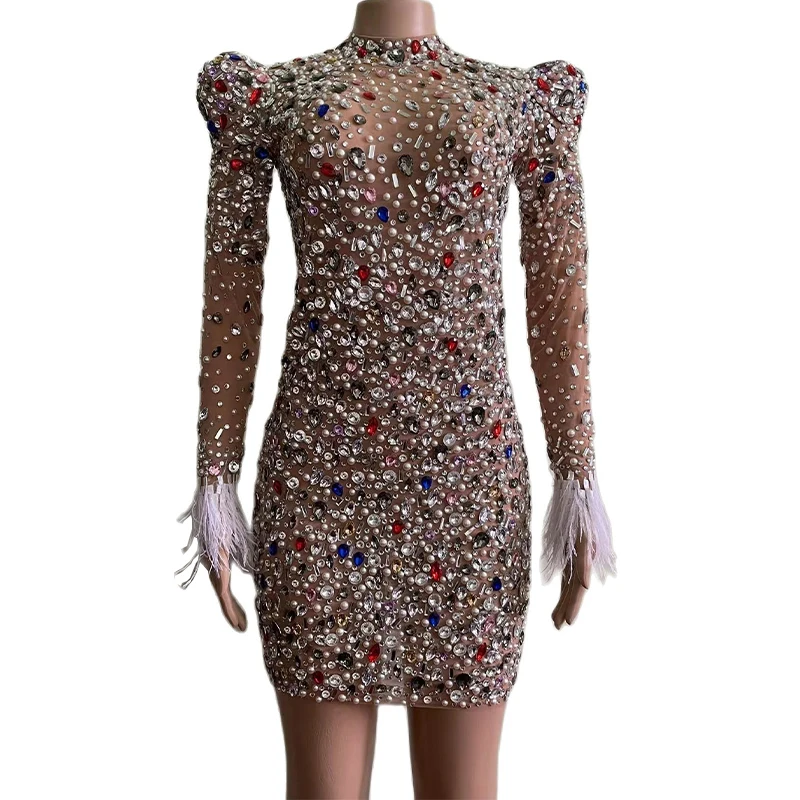 Sexy Colorful Crystals Pearls Mesh Dress Prom Evening Transparent Multicolor Rhinestones Costume Birthday Feather Sleeves Dress