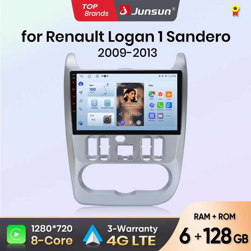 Autoradio Junsun pour Renault Logan 1 Sandero 2009 2010-2013 CarPlay Android Auto FM RDS DSP BT GPS Navi SWC Écran tactile HD IPS Plug & Play Lecteur multimédia Appel mains libres Style d'origine de la voiture Unité centrale