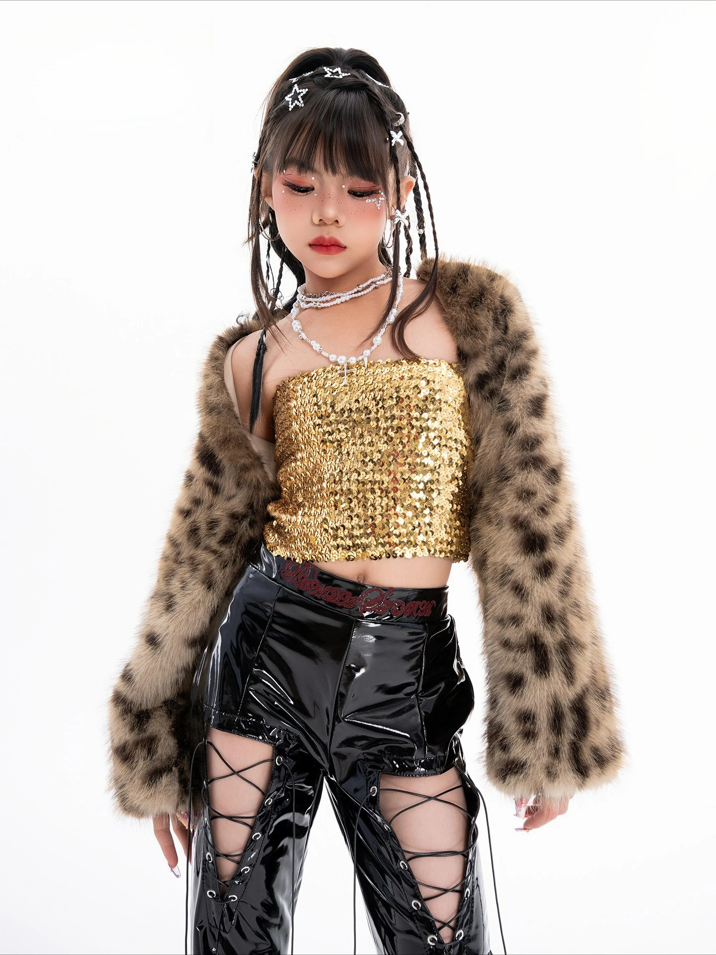 Nuovo costume jazz moderno per ragazze maniche in pelliccia di leopardo gilet con paillettes pantaloni in pelle moda abbigliamento da ballo Kpop abbigliamento da prestazione L17703