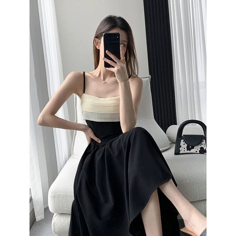 Black Patchwork Spaghetti Strap Dress A-Line High Waist Vintage Midi Dress Elegant Summer Dress Vestidos