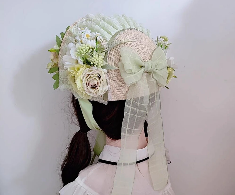 Vintage Victorian Headdress Flat Top Hat Ruffle Lace Lolita Straw Hat with Chin Strap Elegant Ribbon Flower Straw Hats