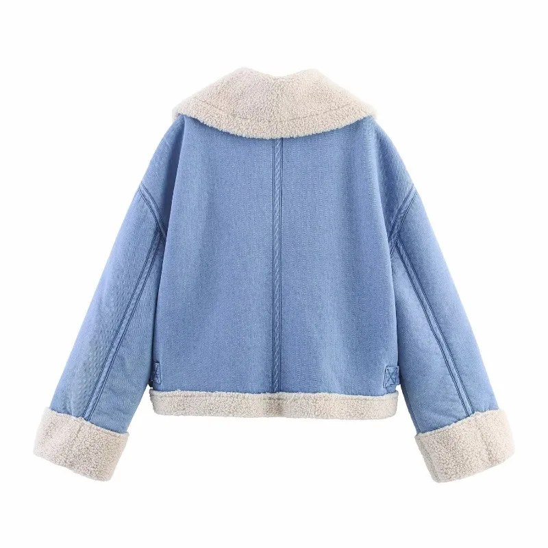 Patchwork Faux Fur Coat Zipper Short Loose Blue Demin Plush Coat Faux Lamb Casual Stylish Furry Jacket Fluffy Stylish Overcoats