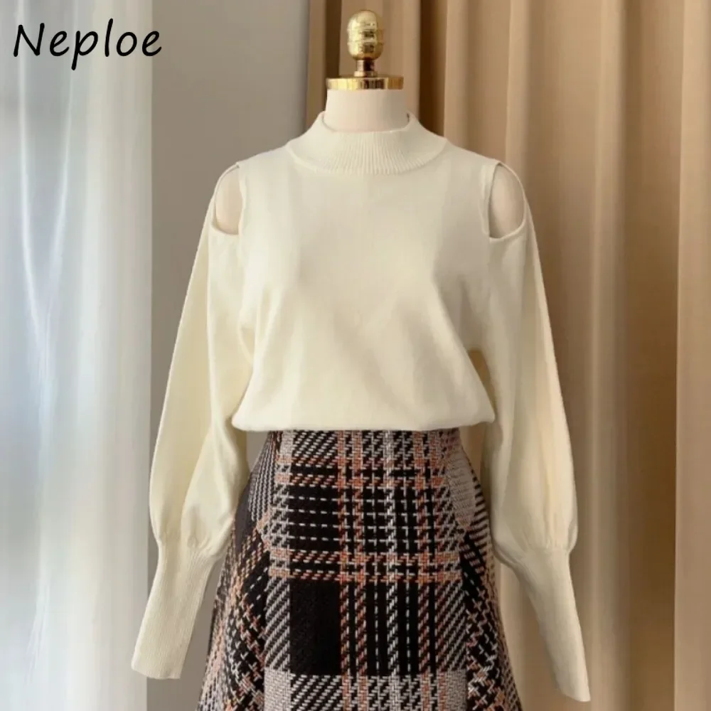 Neploe All-match Literary Half-high Collar Women Clothing Off Shoulder Wool Knit Jumper Japan Harajuku New Moda Fresh Sweaters