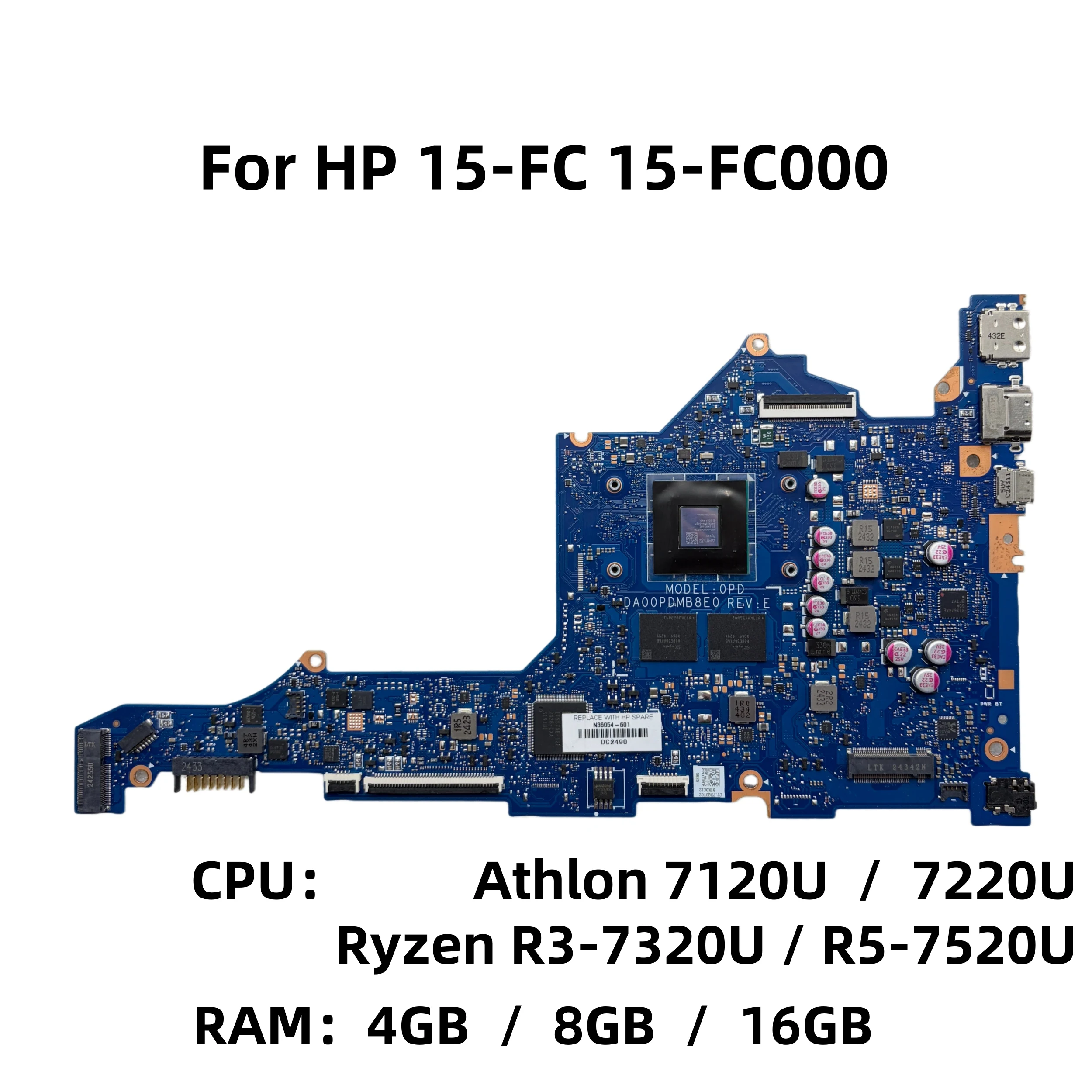 Placa Base DA00PDMB8E0 para Laptop HP 15-fc0093dx 15-FC 255 G10 con CPU AMD 7120U R3-7320U R5-7520U, 4GB/8GB/16GB-RAM N36054-601