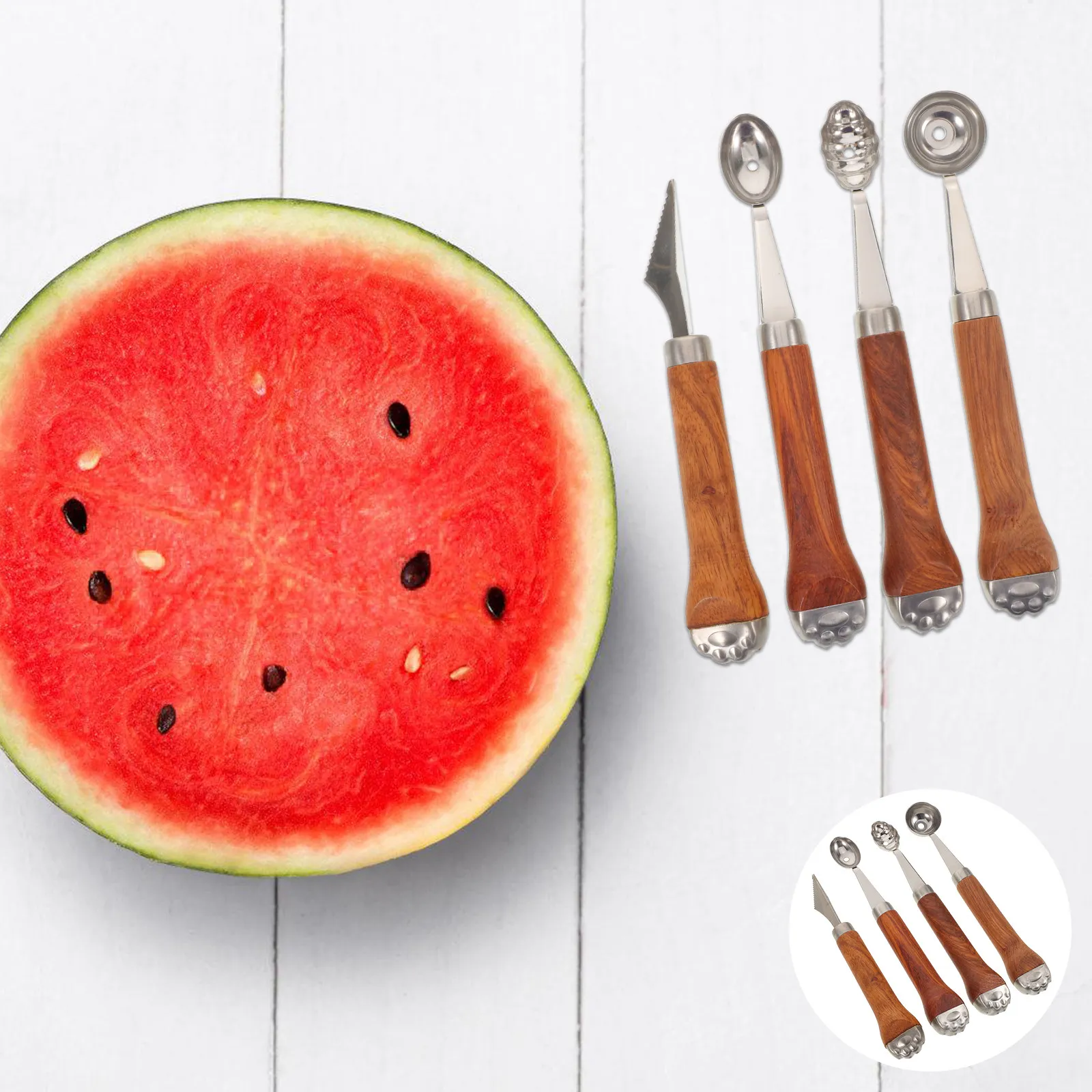 

Набор из 4 инструментов для нарезки дыни: ложки-ножи с деревянными ручками в форме кошачьих лапок, многофункциональные ножи для фруктов, для арбуза