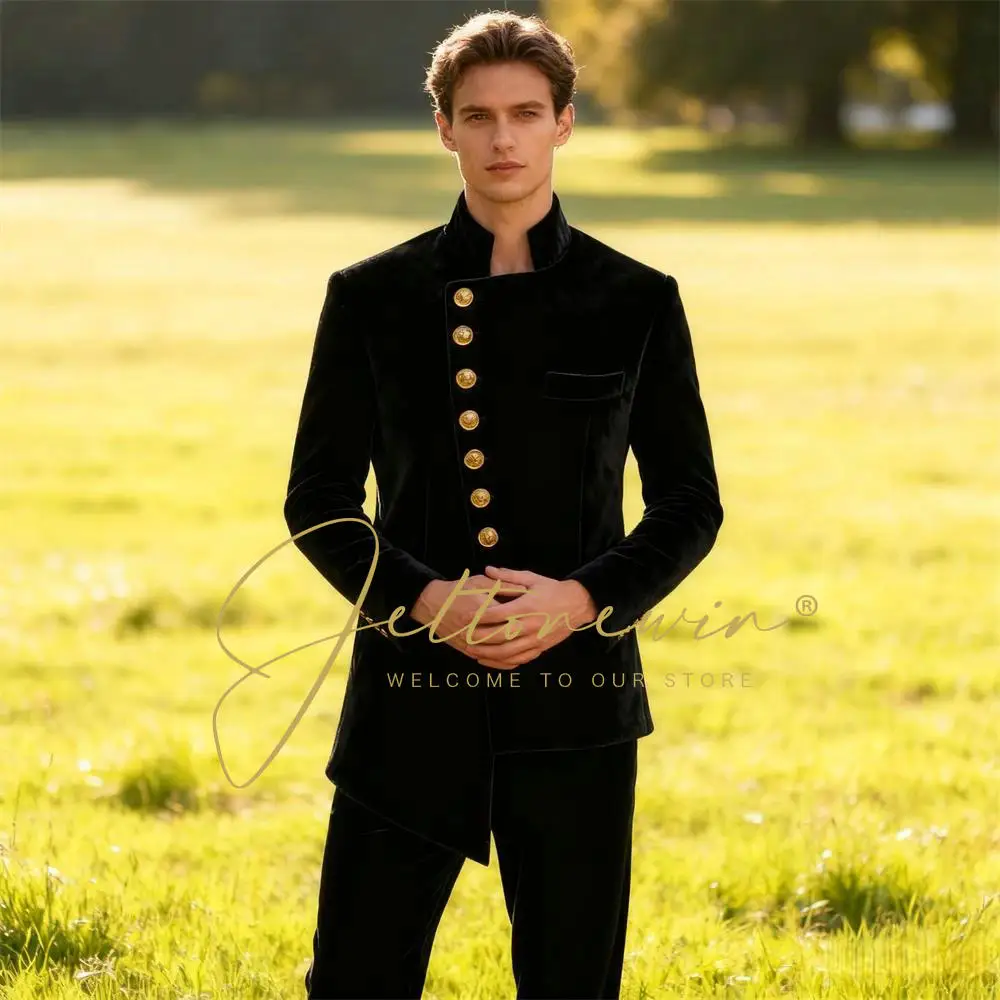 

Black Velvet Suits For Men Formal Party Blazer Wedding Groom Tuxedos Slim Fit Stand Collar 2 Pieces Jacket Pants Costume Homme
