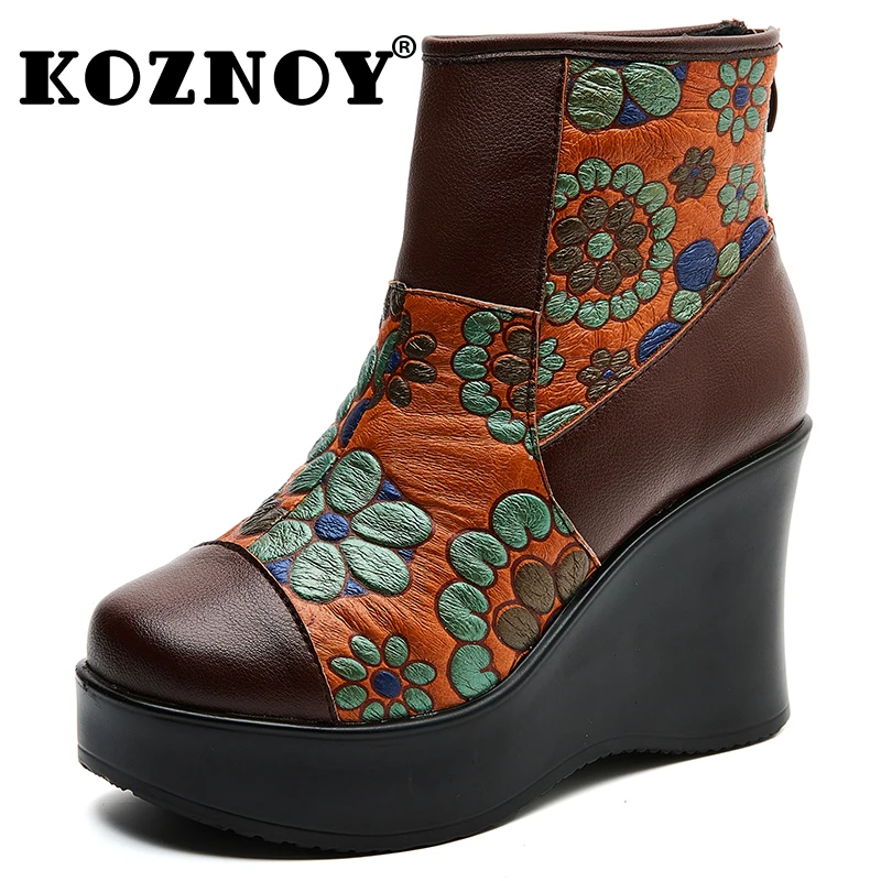 

Koznoy 9cm Cow Genuine Leather Booties Woman Retro Print Autumn Platform Plush Warm Boots Winter Shoes with Ankle Mid Calf Boots