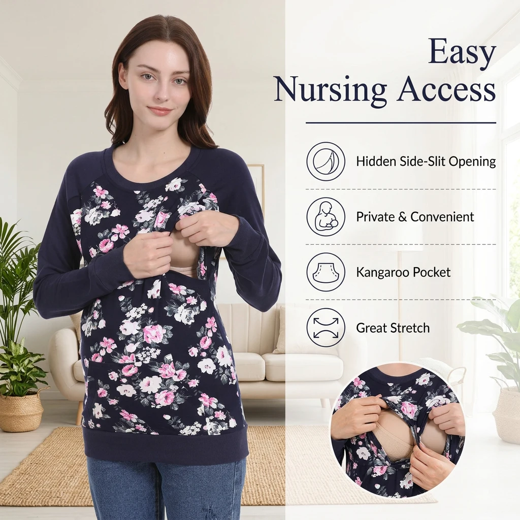 Floral Patchwork Maternity Nursing Sweatshirt With Pocket Hidden Side‑Slit Breastfeeding Top Soft Long Sleeve Pregnancy Clothes