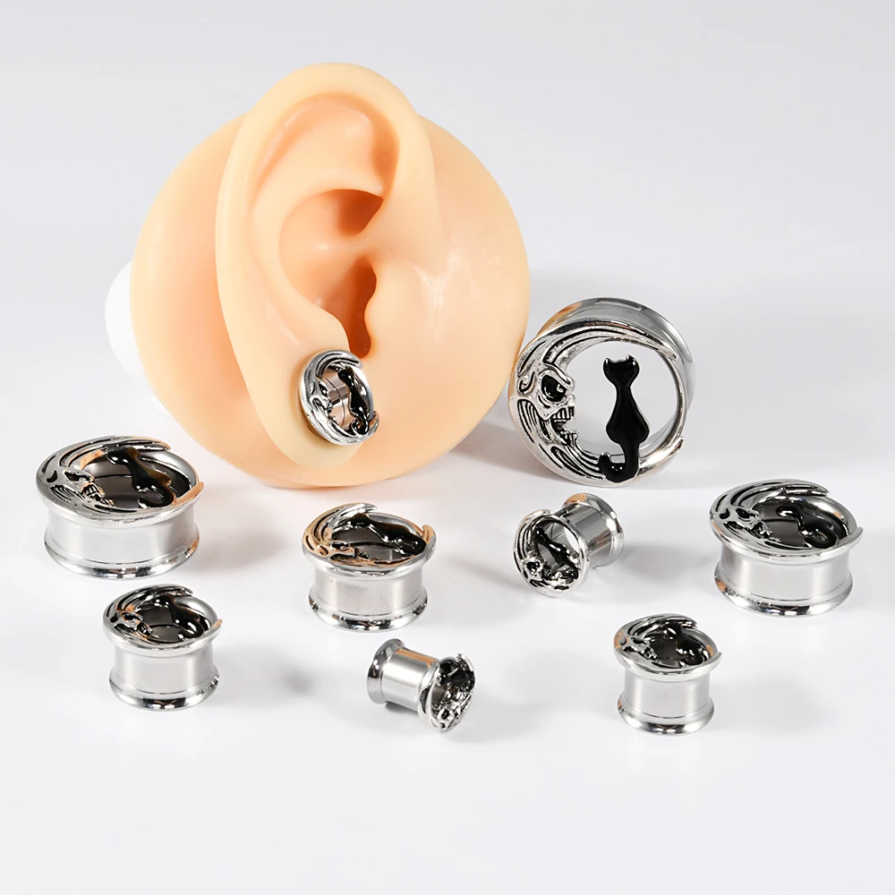 1Pair Stainless Steel Moon&Cat Ear Expander Stretchers Internal Thread Double Flared Ear Plugs Earrings Piercing Jewelry 8-25mm