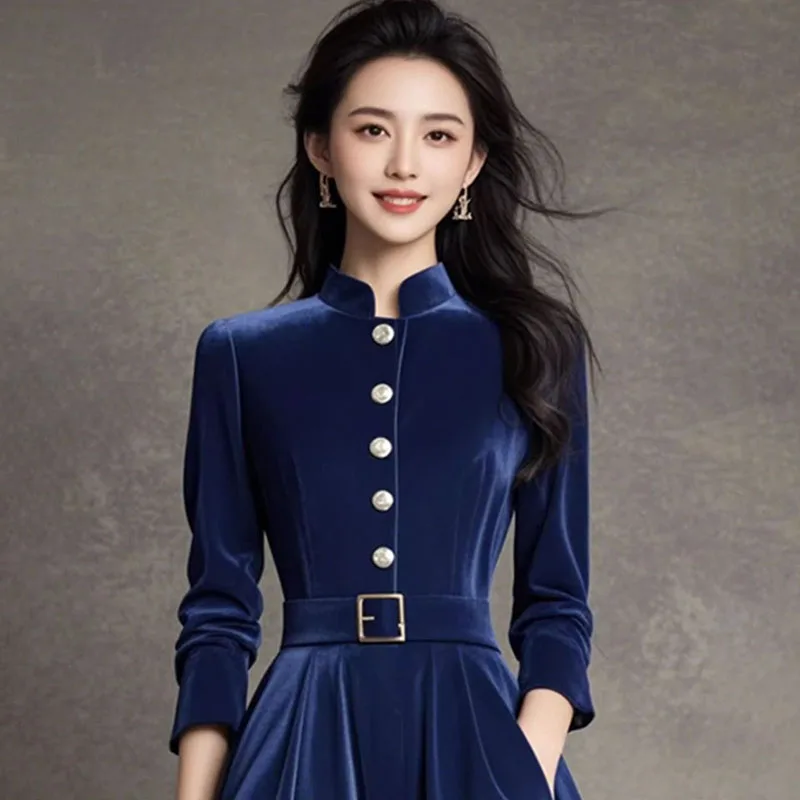 2025 Autumn Winter New Wear Formal Occasion Dresses Women's High-End Slim Thining Medium-Length Chic Blue Velvet Dress