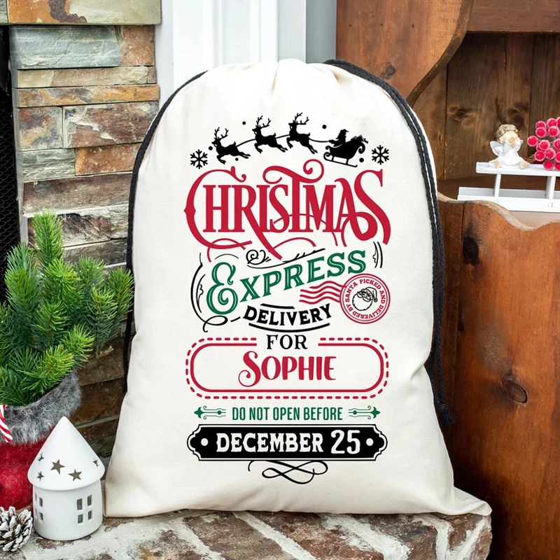 

Personalized Name Santa Sack Custom Christmas Express Delivery Kids Drawstring Gift Bags Xmas Holiday Party Decorate Accessories