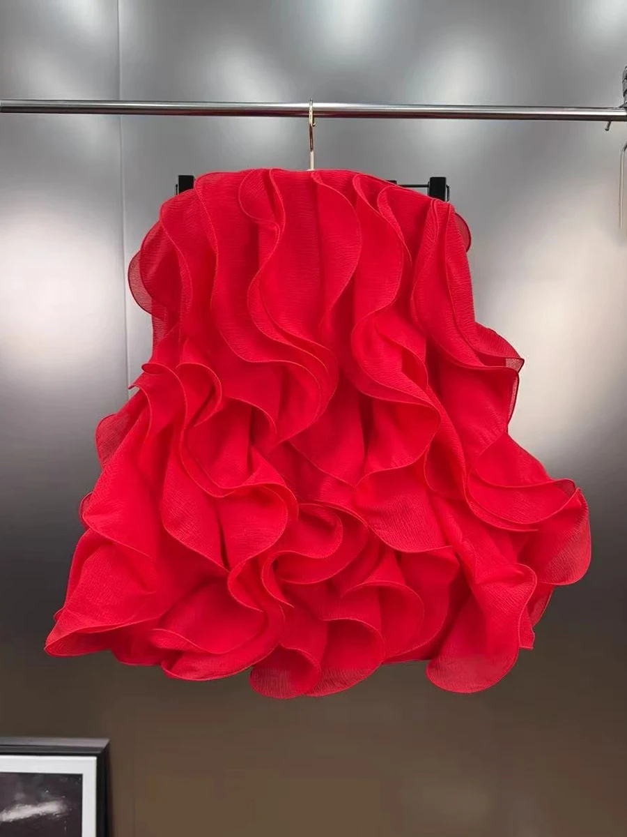 VGH Sexy Evening Spliced Ruffles Ball Gown for Women Strapless Sleeveless High Waist Patchwork Zipper Short Dress Female Style