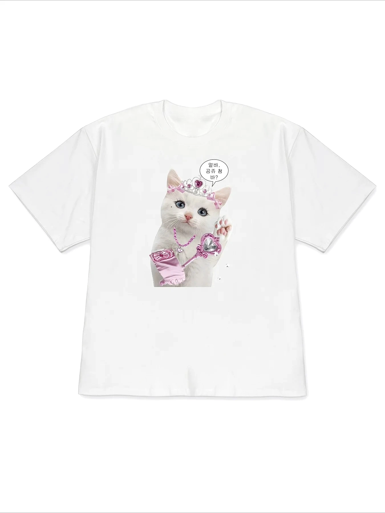 Lustiges Prinzessinnen-Katzen-Grafik-T-Shirt für Damen, Sommer, kurzärmelig, rosa Tiara, Kawaii, Harajuku-Kleidung mit vielen koreanischen Bewertungen für Damen – Detail 4