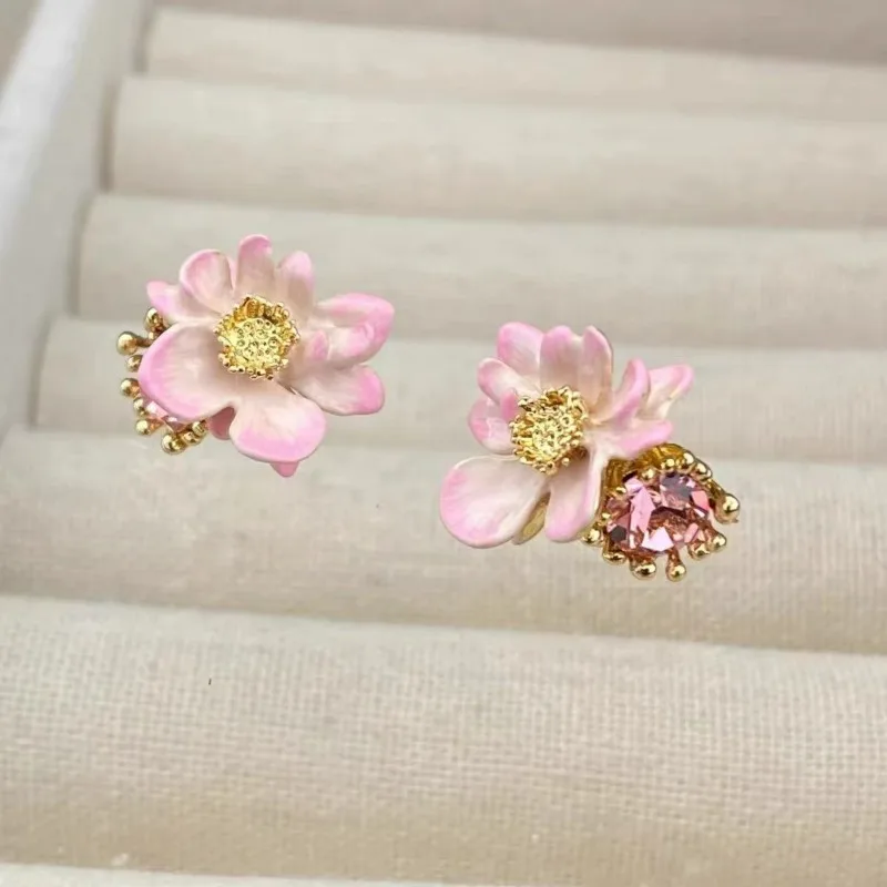 French Sweet Pretty Hand-painted Enamel Earrings with Pink Lotus Flower Earrings Ear Clips, Featuring a Luxurious and High-end