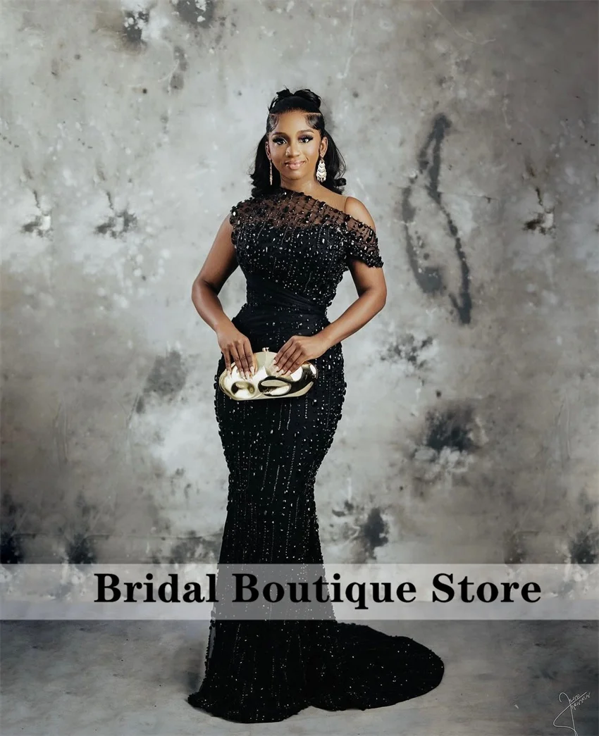 

Glitter Black Mermaid Evening Dress 2025 Beading Crystal Tassels African Wedding Engagement Party Prom Gown Customized