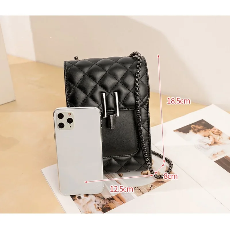 Schwarze Vertikale Leder-Handytasche für Damen mit Metallschnalle und Langer Kettengurt – Detail 4