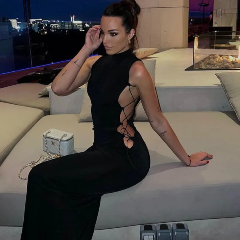 

2024 Summer Sexy Hollow Out Bandage Slim Long Dress Women Solid Turtleneck Sleeveless Elegant Slim Club Party Streetwear Robe