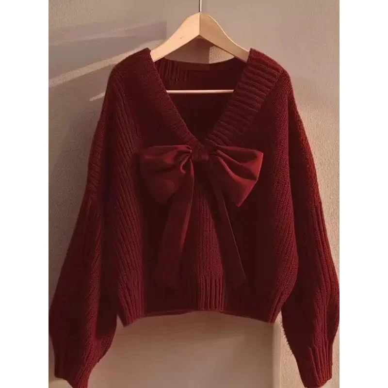 2024 Red Bowknit Sweater Idle Style Autumn Collection Women's Top New Design Unique Super Cool Looking Pullovers