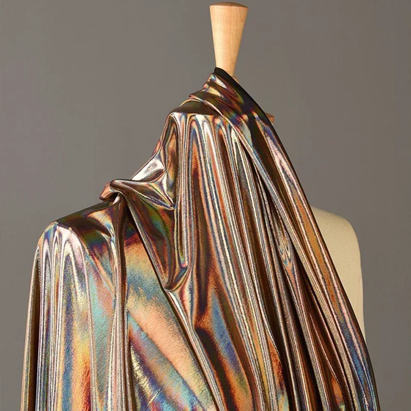 Stretch Shiny Gold Foil Bronzing Fabric Laser Colorful Glossy Material for DIY Stage Cosplay Costumes Dress Background Decor