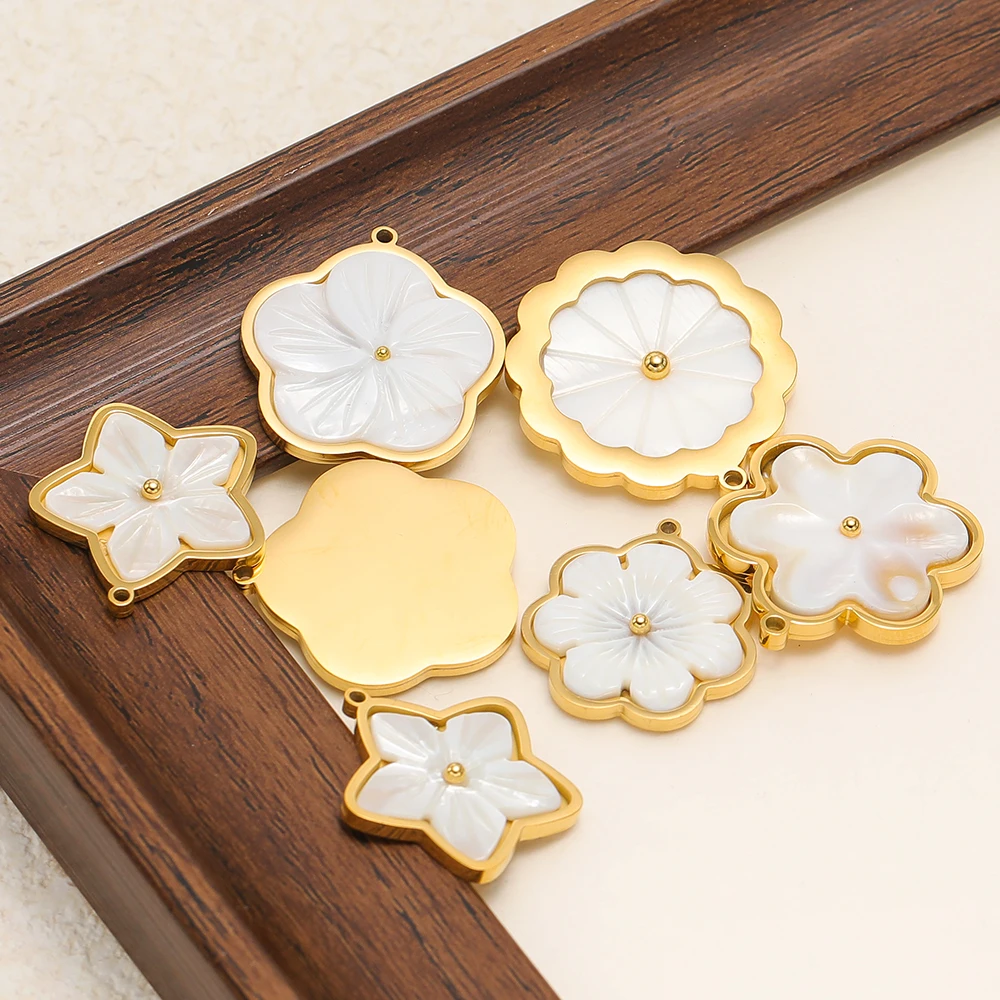 3 Stück Edelstahl-Blumen-Anhänger mit flacher weißer Muschel für DIY-Schmuckherstellung für Frauen, Halsketten, Ohrringe, Anhänger und Zubehör. – Detail 4