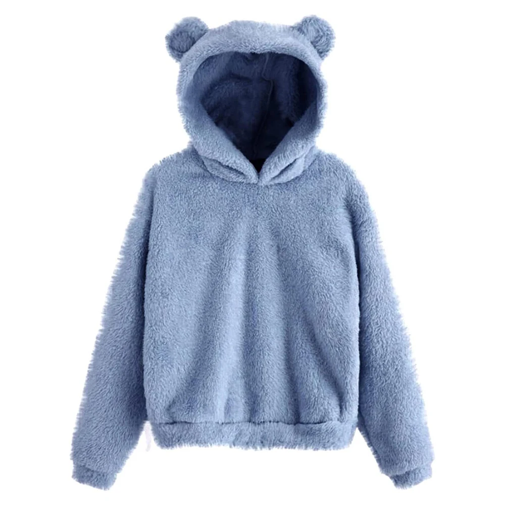 Women Plush Rabbit Ear Hoodie Cute Sweet Girls Winter Outdoor Warm Pullover Jacket Fashion Loose Soild Colour Fleece Sweatshirt