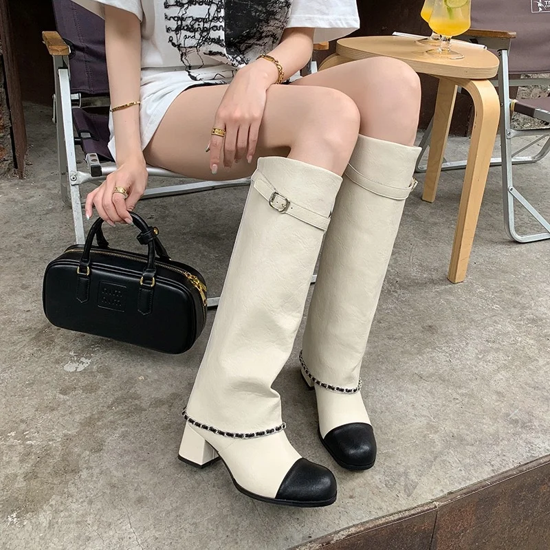 White Knight Boot with Chain Detailing Chunky Heel Straight Leg Boot Petite Size Slimming Long Boot Fashionable All-Season Boot