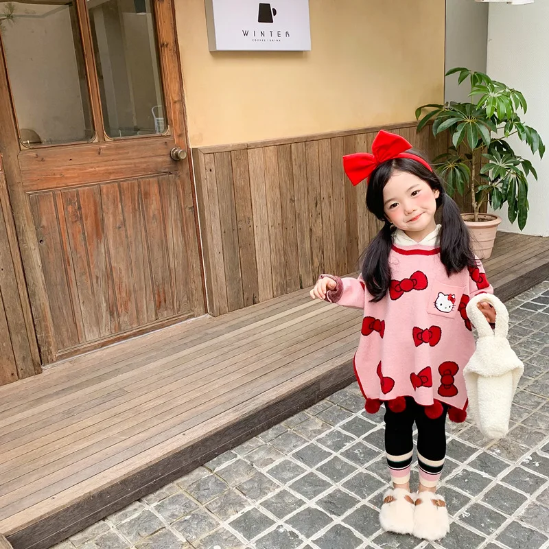 Hello Kitty Children\'s Fashion Three-dimensional Fur Ball Bow Cloak Coat Girls Cute Sweet Hooded Knit Sweater Cape Top