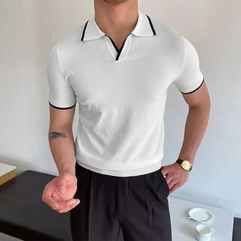 Fashion Simple Casual Summer New Panelled Polo Shirt Men\'s Lapel Patchwork Versatile Short Sleeved Versatile Slim Elasticity Top